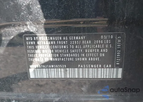 2010 Volkswagen Golf 4-Door from USA, damaged, VIN WVWDB7AJ1AW363529